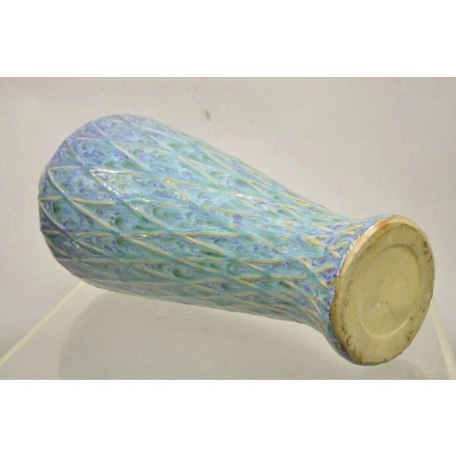 Blue 20th C. Mid Century Modern Ceramic Pottery Glazed Feather Pulled 20" Purple Blue Vase For Sale - Image 8 of 11