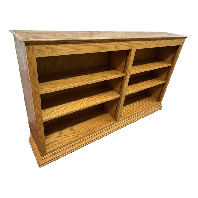Double-Wide Golden Oak Wood Bookcase For Sale