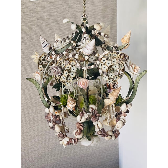 White 1950s Lovely Floral Tole and Sea Shell Candle Pendant Lamp For Sale - Image 8 of 10