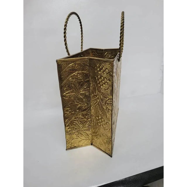 Metal Vintage Brass Embossed Leaves Shopping Bag Magazine Stand For Sale - Image 7 of 10
