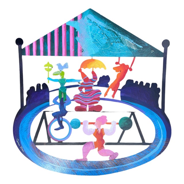 Calman Shemi, Large Israeli Colorful Metal Wall Sculpture Painting Circus Scene Calman Shemi, 1998 For Sale