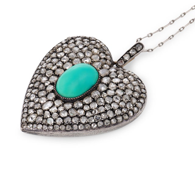 Late 19th Century Victorian Turquoise Diamond Silver Heart Pendant Necklace For Sale - Image 4 of 6