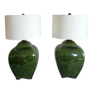 Oriental Accent Green Ginger Jar Table Lamps-A Pair For Sale