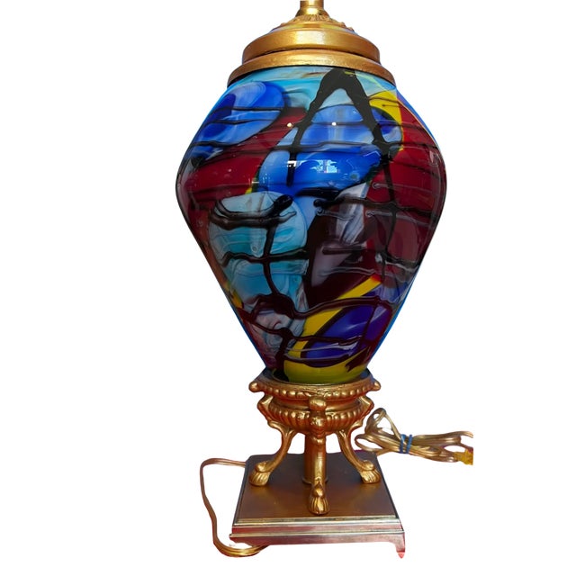 Art Glass Brass Abstract Multicolor Table Lamp For Sale - Image 10 of 11