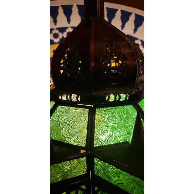 Moroccan Makki Style Green Glass Lantern For Sale - Image 4 of 9