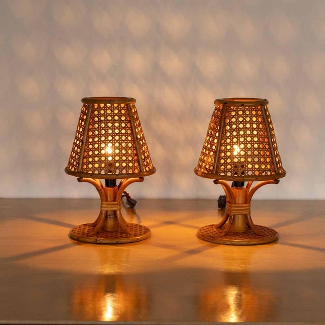 Lovely pair of cane and bamboo table lamps from Italy, 1960s. Original cane shade with bamboo frame in great vintage...