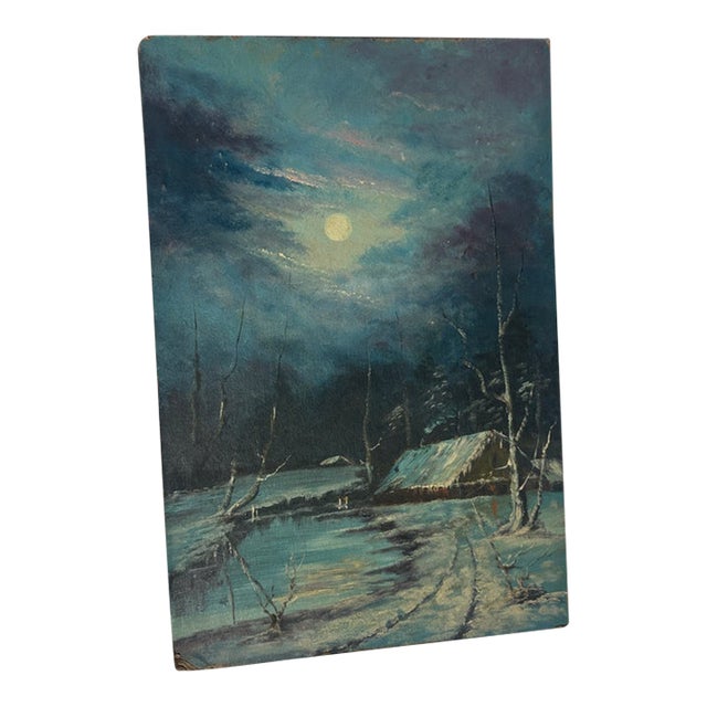 1990s Winter Night and Cabin Painting on Canvas For Sale