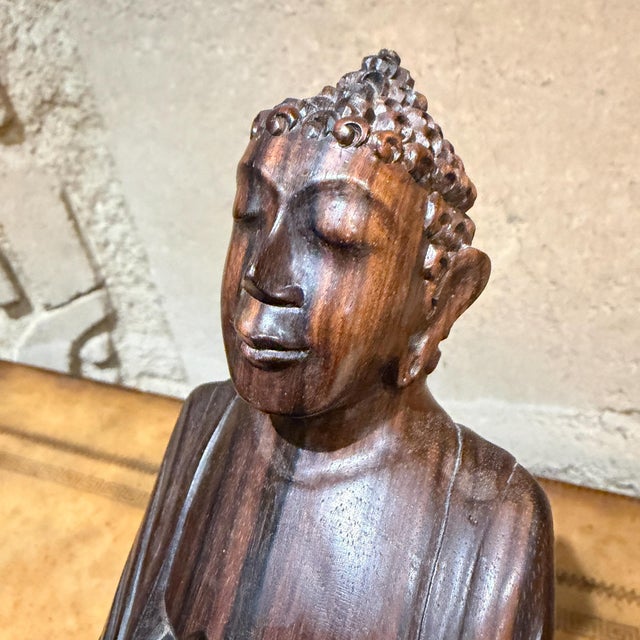 Hand-Carved Wooden Buddha Meditation Statue Folk Art For Sale - Image 10 of 13