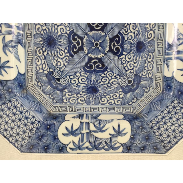 Ceramic Antique Japanese Blue & White Octagonal Plate With Floral and Bamboo Motifs For Sale - Image 7 of 18