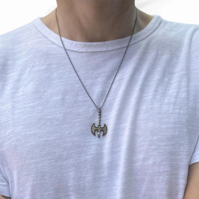 Viking Axe Men Sterling Silver & Gold Pendant Chain Necklace For Sale - Image 4 of 10