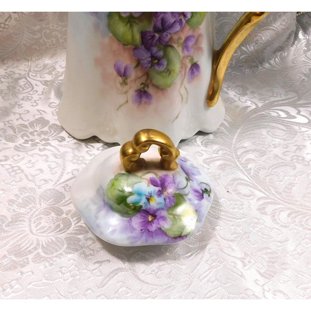 1940s 1940s Purple Floral Chocolate Pot With Ornate Gold Handle For Sale - Image 5 of 12