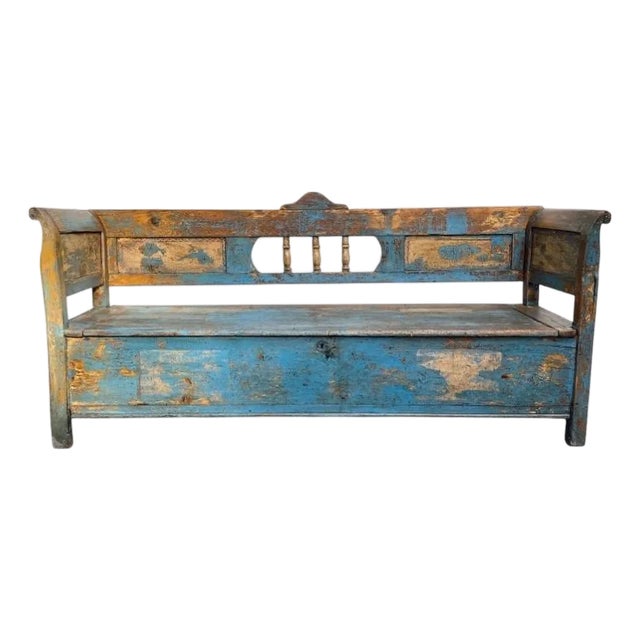 Early 1900's Wooden Bench Seat With Storage Seat and Original Aged Patina Paint For Sale