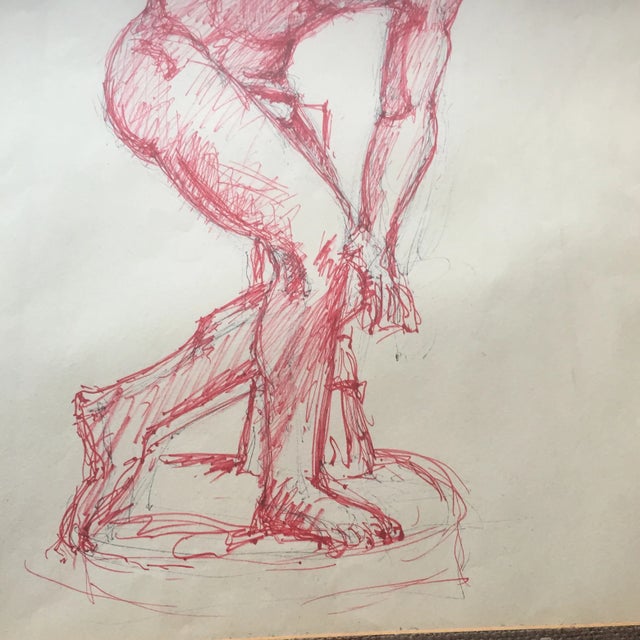 Vintage Original Red Ink Male Life Drawing For Sale - Image 4 of 6