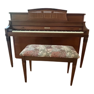 Vintage Baldwin Walnut Upright Piano With Cane Music Rack & Floral Bench Included