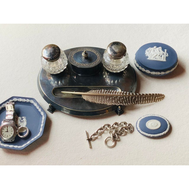 …. English Victorian Silverplate Double Inkwell with Cut Crystal Wells - Neoclassical Description A superbly crafted...