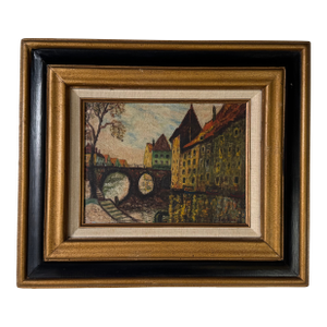 1960’s Vintage European Cityscape Oil on Masonite Painting – Framed