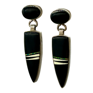 Navajo Marie Tsosie Inlay Sterling Silver Opal Onyx Mother of Pearl Pierced Earrings Signed MTT
