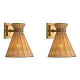 Natural Rattan and Vintage Brass Wall Lamps, Set of 2 For Sale