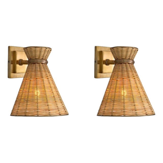 Natural Rattan and Vintage Brass Wall Lamps, Set of 2 For Sale