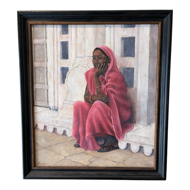 Contemporary Signed Original Oil on Canvas | Indian Woman in Pink Sari by David C. Fisher 2015 For Sale