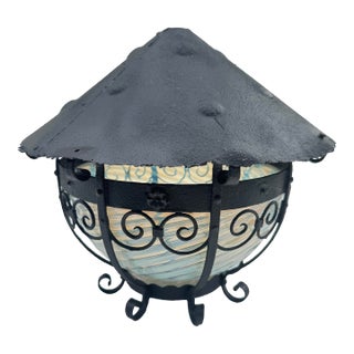 Circa 1920s-1940s Hand-Forged Wrought Iron Lantern With Blue Opalescent Art Glass Shade For Sale