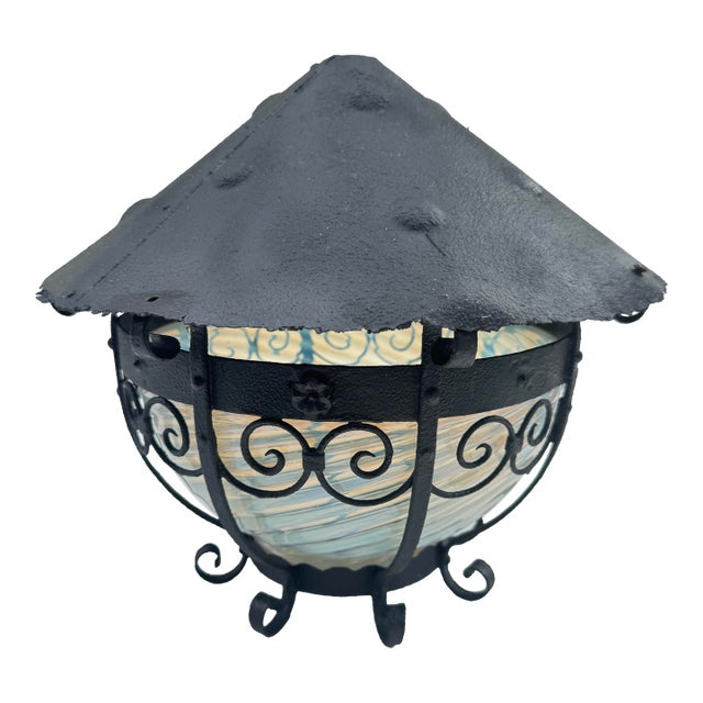 Circa 1920s-1940s Hand-Forged Wrought Iron Lantern With Blue Opalescent Art Glass Shade For Sale