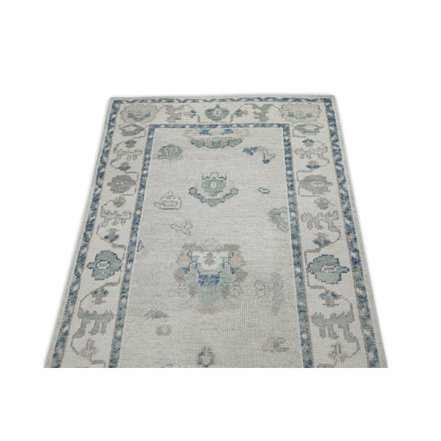 Early 21st Century Green & Blue Floral Design Handwoven Wool Turkish Oushak Runner 2'11" X 15'9" For Sale - Image 4 of 8