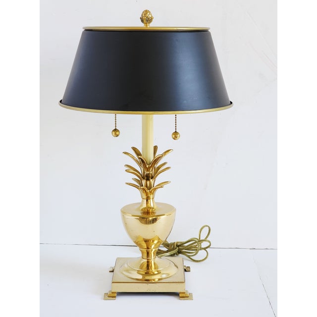 Vintage 1980's Frederick Cooper style polish brass table lamp in the form of a pineapple. Featuring a tole painted...