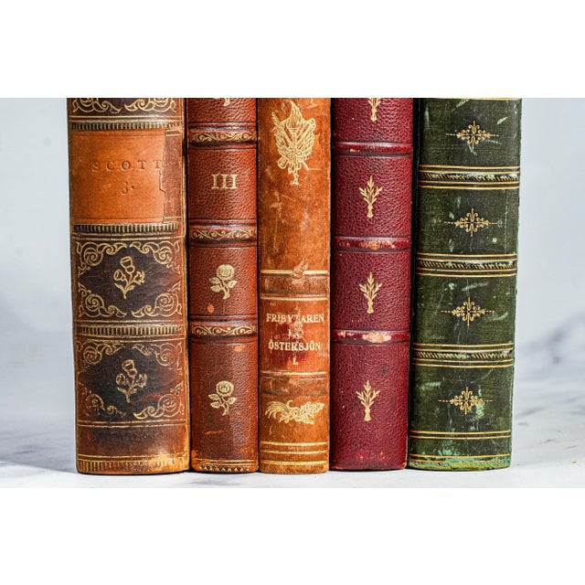 Late 19th Century Set of 5 Charming Collection of Antique Leather Spine Books Victorian Office Home Decor For Sale - Image 5 of 9