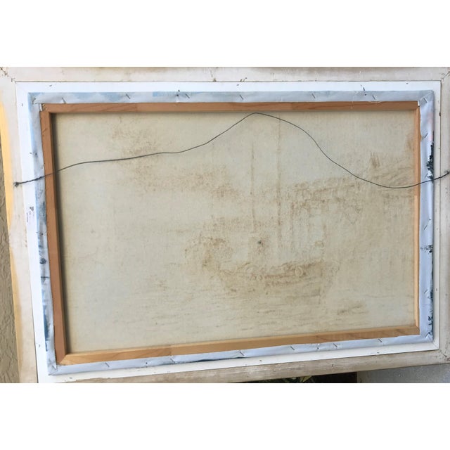 Blue Vintage Signed & Framed W. Haywood Painting on Canvas, Boats and Old Boathouse For Sale - Image 8 of 10