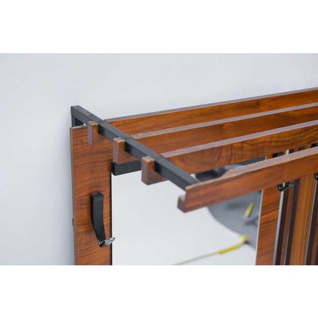 Mirrored Walnut Slats Wall Coat Rack with Black Hooks, 1960s For Sale - Image 6 of 7