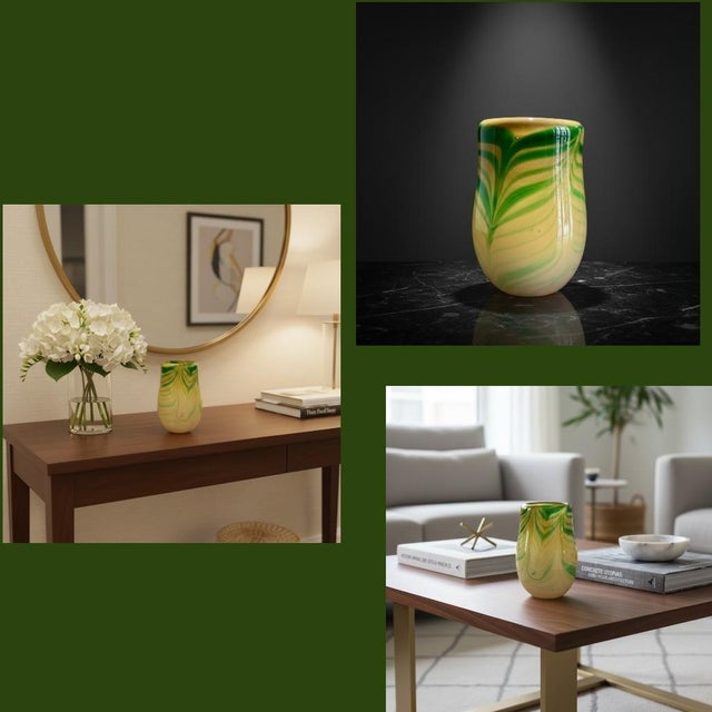 Vintage Studio Art Glass Vase-Green Yellow Swirl-Hand Blown-Murano Style-Modern For Sale - Image 11 of 11