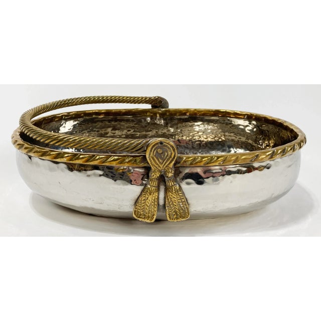 Silver Vintage Heavy Hammered Silver Bowl With Brass Rope Handle For Sale - Image 8 of 10