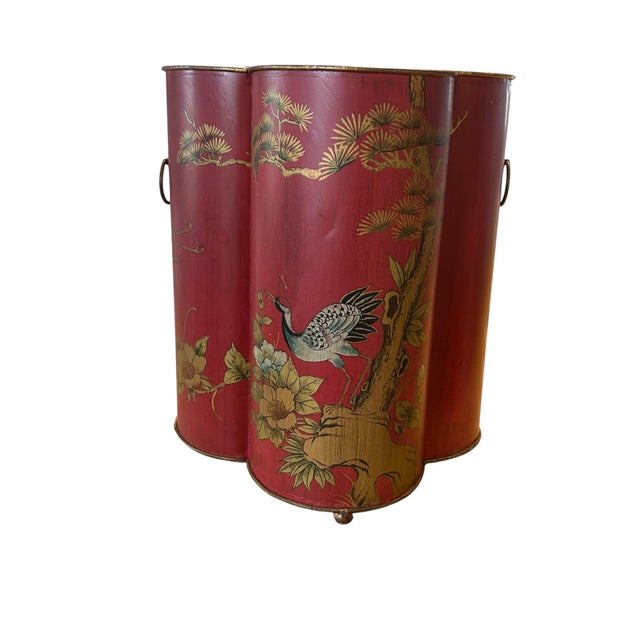 Vintage Red Chinoiserie Wastebin For Sale - Image 4 of 11