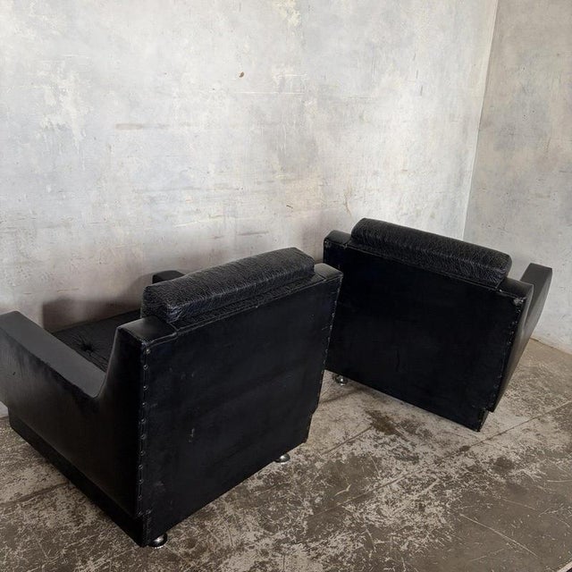 Black Art Deco Black Leather Club Armchairs, 1930s, Set of 2 For Sale - Image 8 of 9