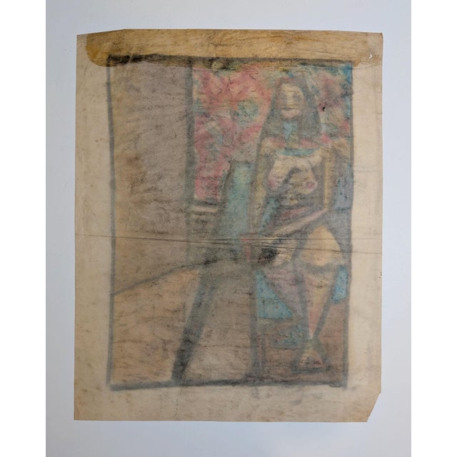 Vintage Mid-Century Cubist Expressionist Seated Nude Pastel Drawing on Paper For Sale - Image 4 of 4