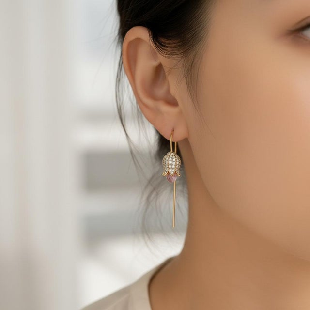 Pink Silver, Gold Lily Flower Earrings With Pink Quartz Briolettes, Pair For Sale - Image 8 of 10