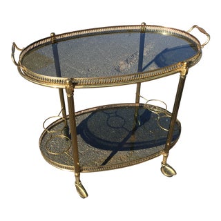 1950s Italian Mid Century Brass Oval Bar Cart With Removable Gallery Tray Top For Sale