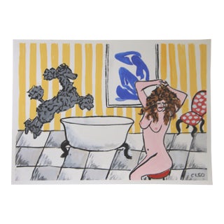 Nude and Poodle Dog Interior Matisse Expressionism Pop Art Surrealism Gray Yellow White Red Original Painting by Cleo Plowdenn For Sale
