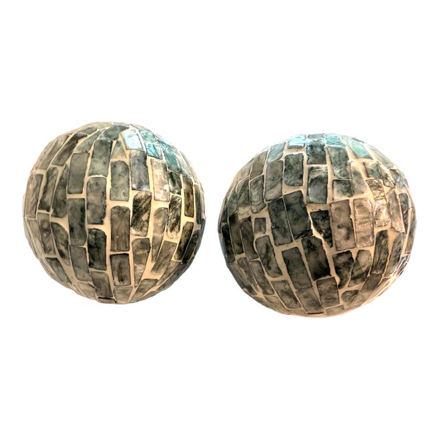 Heavy Mosaic Glass Decorative Orbs Set of 2 Coastal 4” Spheres For Sale
