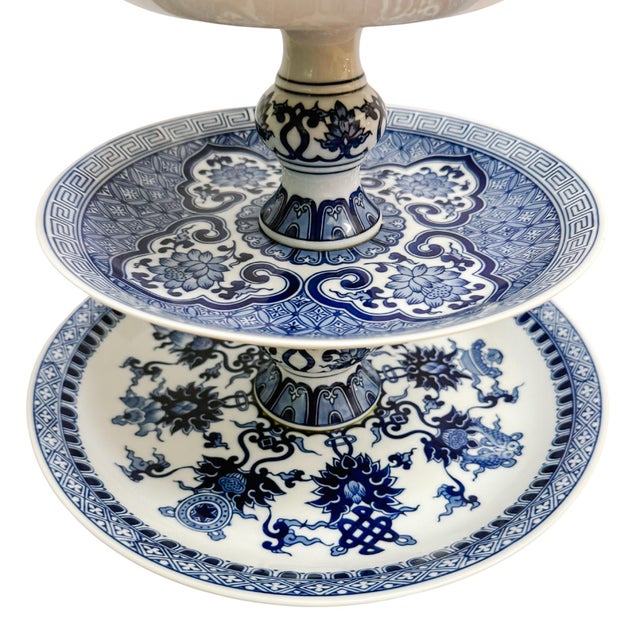 1990s 1990s Large Chinoiserie Blue & White 3-Tier Porcelain Serving Stand by Bombay For Sale - Image 5 of 11