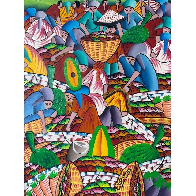 1970’s Carlo Decimus Haitian Folk Art Fruit Market Oil on Canvas Painting, Framed For Sale - Image 9 of 12
