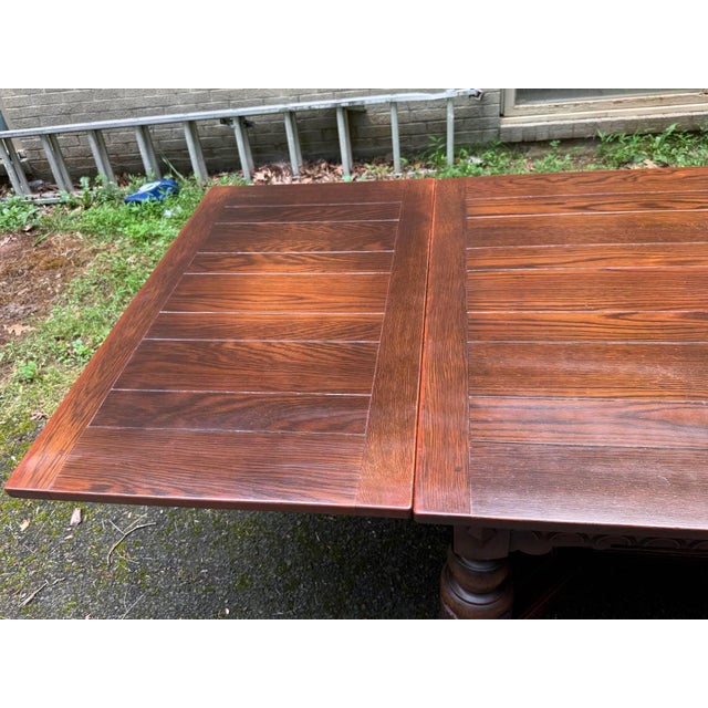 Early 20th Century Antique Jacobean Style Carved Oak Draw Leaf Dining Table For Sale - Image 11 of 16