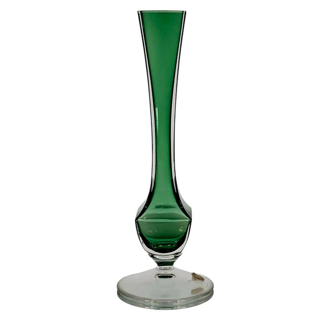 Signed Val Saint Lambert Emerald Green Cased Crystal Fluted Vase, Belgium 9.5" For Sale - Image 9 of 13