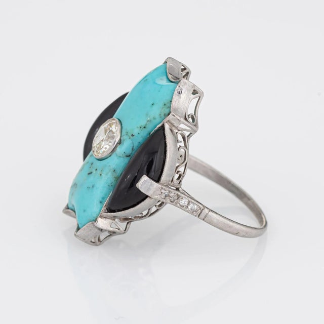 Early 20th Century Vintage Art Deco Ring Diamond Turquoise Onyx Platinum Cocktail size 7.75 For Sale - Image 4 of 6