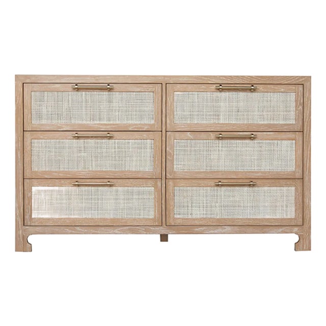 Matthew Izzo Home Carla Cerused Oak, Caned Six Drawer Chest of Drawers With Brass Hardware For Sale