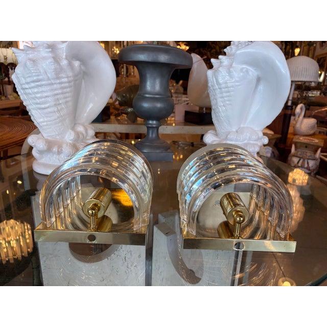 Vintage Art Deco Wall Light Sconces Lucite Ribbon & Brass - a Pair For Sale - Image 11 of 12