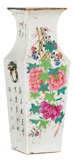 Chinese Qing 19th Century Altar Vase with Hand-Painted Flowers and Calligraphy