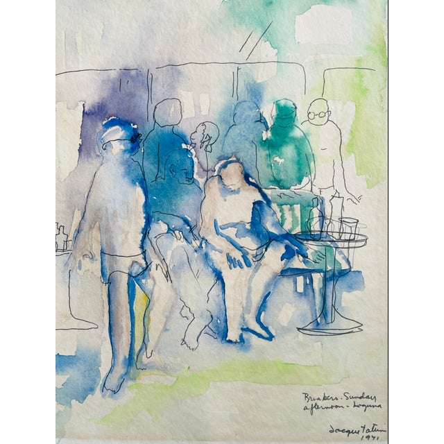Brunch Sunday Afternoon Laguna is a title for stunning watercolor signed, dated by listed American artist Jacque Tatum...