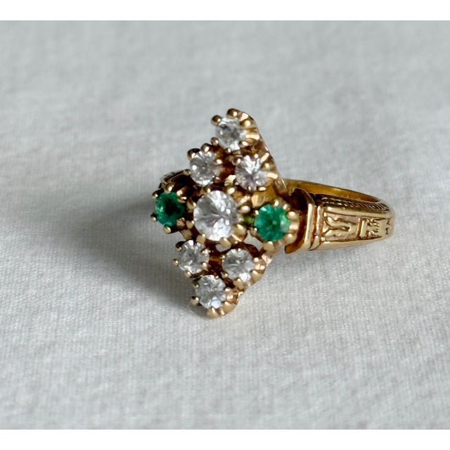 Vintage Victorian Revival 925 Sterling Silver Gold Vermeil Green Gemstone Marquise Cluster Ring, Size 7.5 For Sale - Image 4 of 8